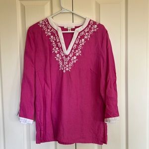 Pink Tunic embroidered neckline white accents at neck and cuffs, V neck